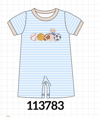 Blue Puppy Ball Embroidered Stripe Romper