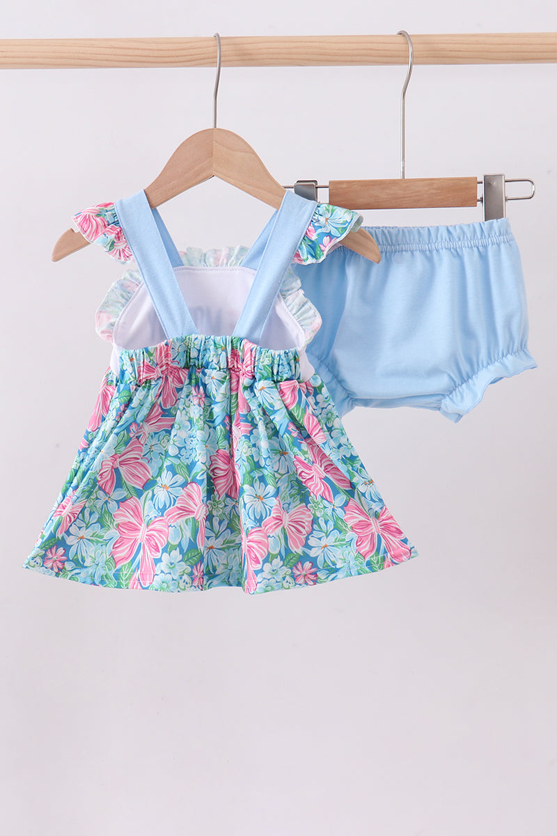 Blue I love MOMMY embroidery ruffle blooner set