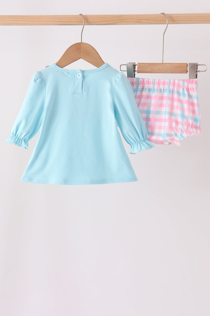 Blue bow french knot ruffle plaid bloomer set