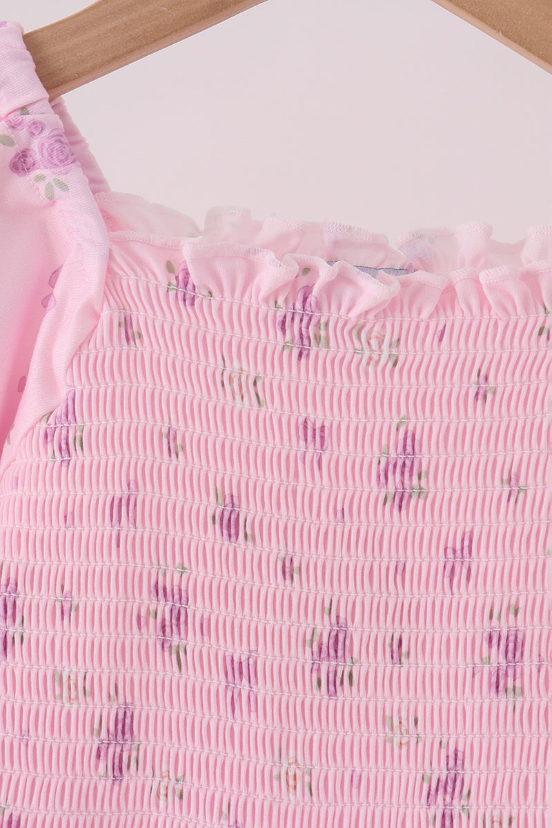 Pink Floral Bow Smocked Jumpsuit