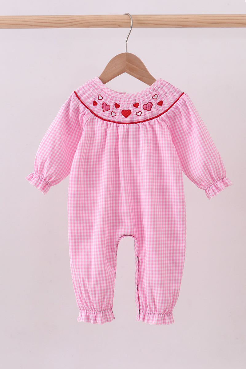 Pink heart smocked gingham romper