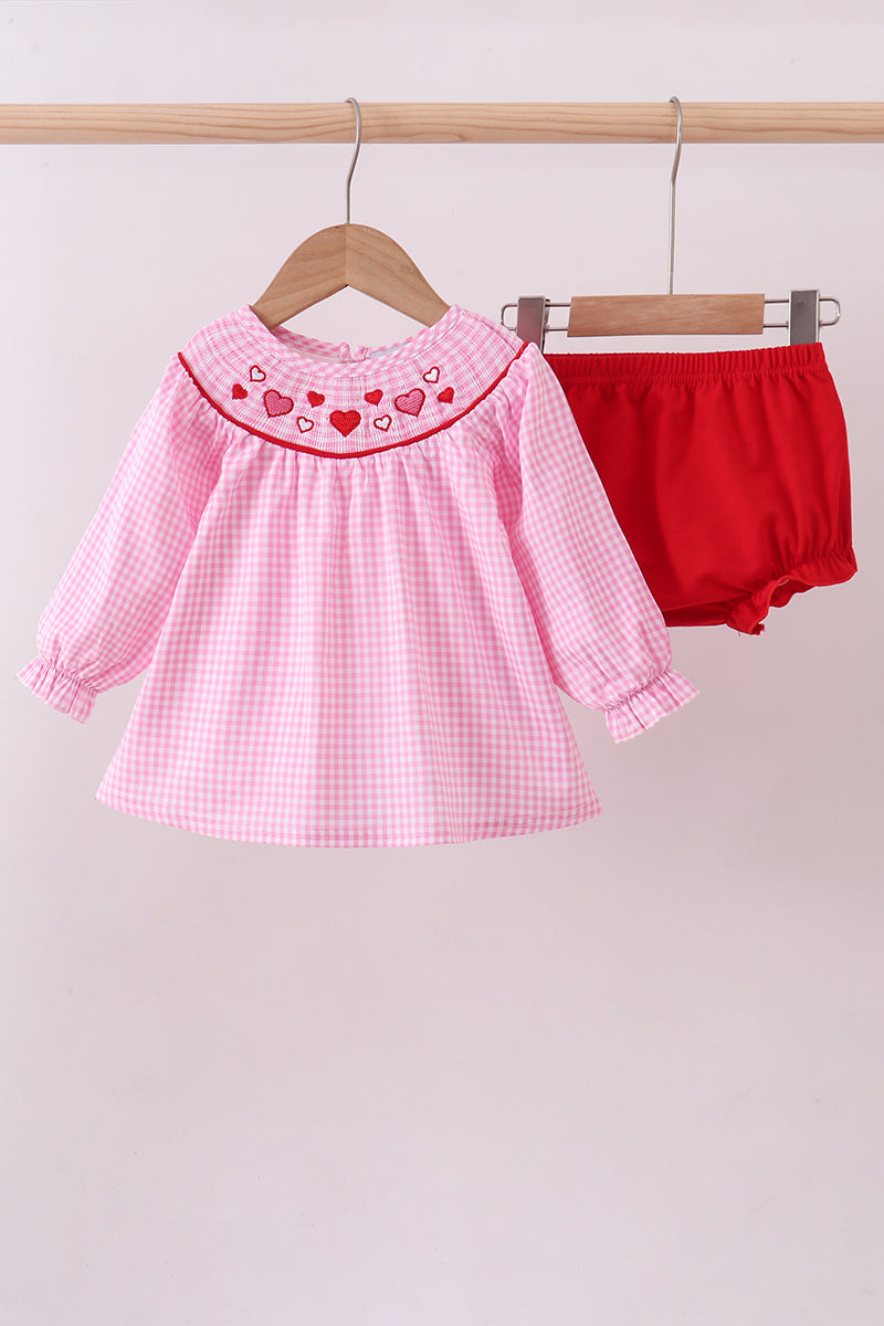 Pink heart smocked gingham bloomer set
