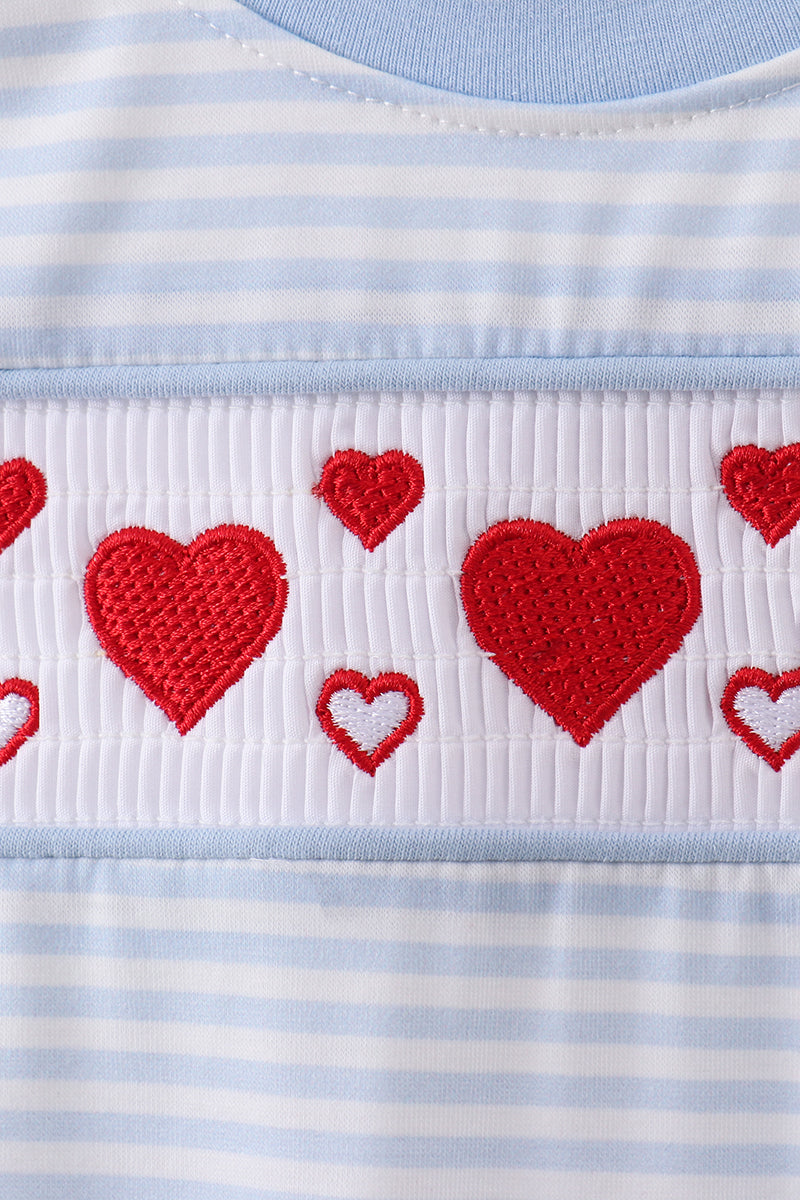 Blue heart smocked stripe romper