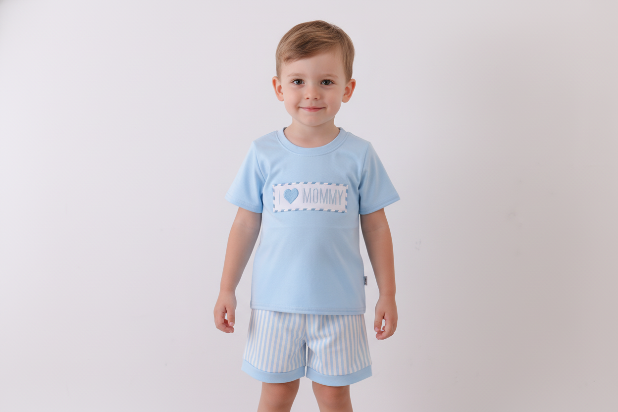 Blue I love MAMA smocked shorts set