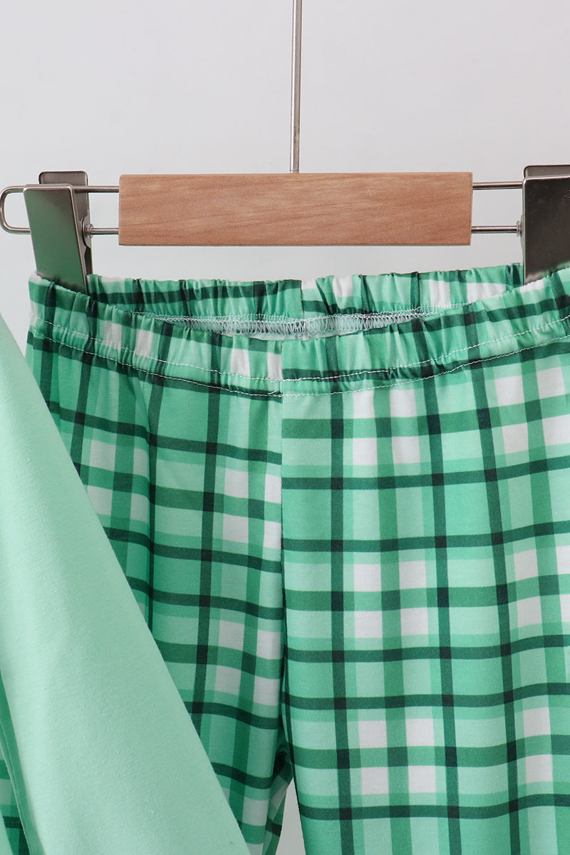 Green parade embroidery ruffle gingham pants set