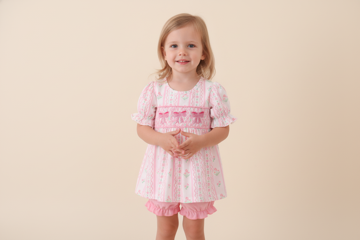 Pink floral bow smocked bloomer set