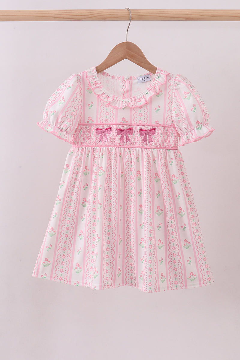 Pink floral bow smocked dress