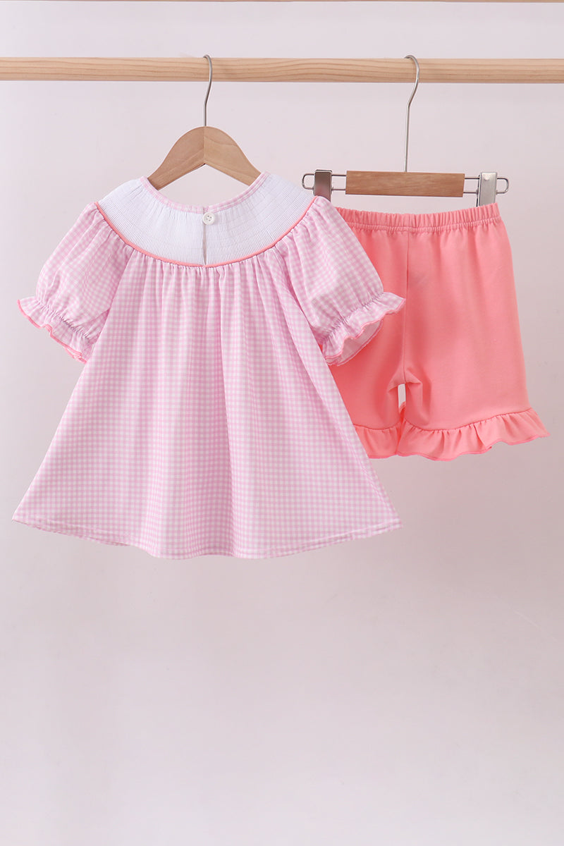 Pink bunny embroidery ruffle shorts set