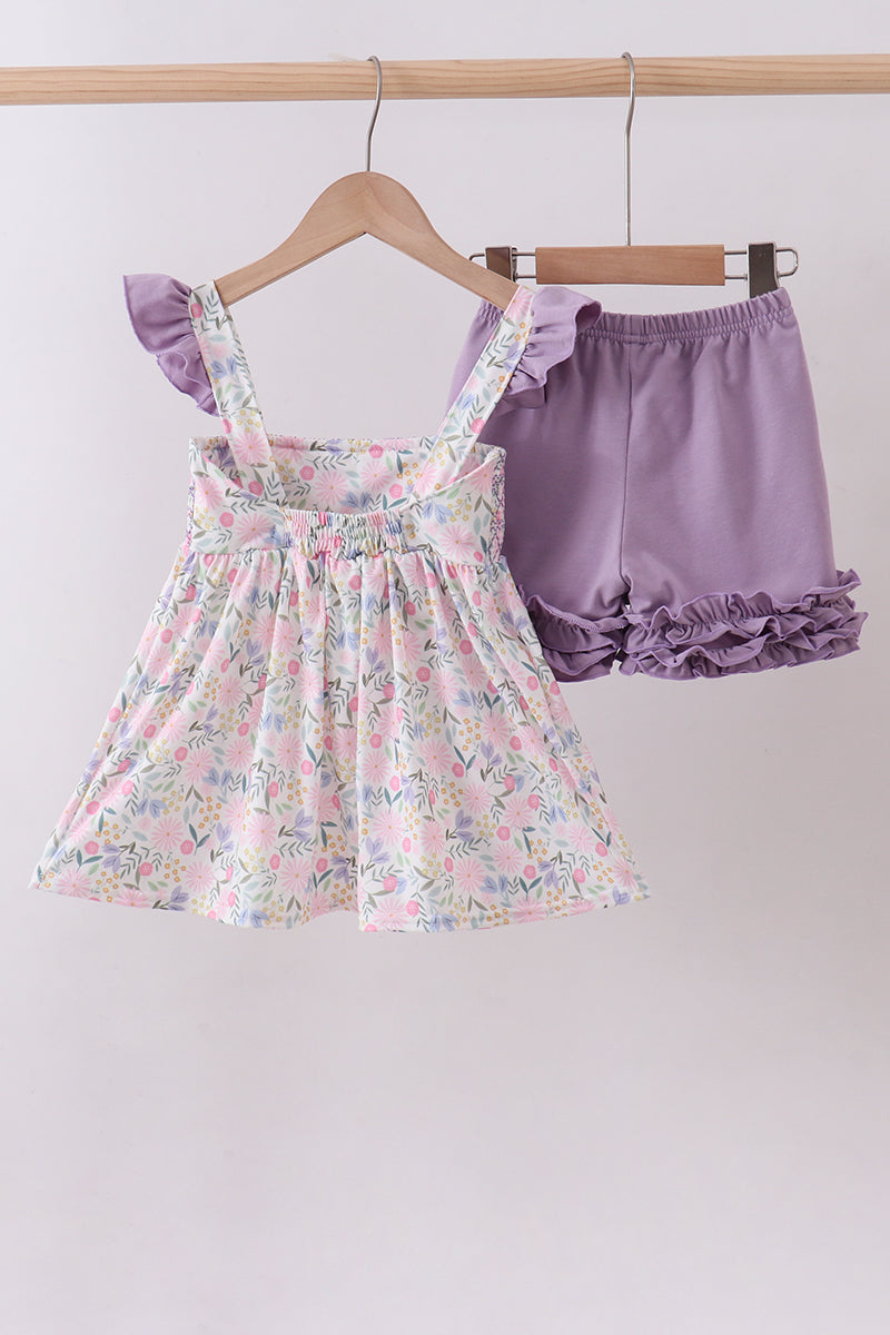 Purple floral smocked ruffle shorts set