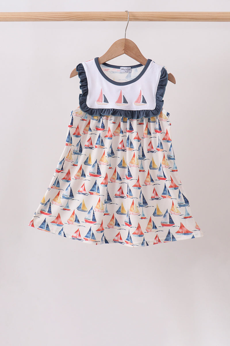 Blue Sailboat Embroidered Dress