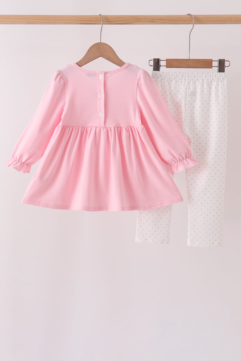 Pink Lil sister embroidery ruffle pants set