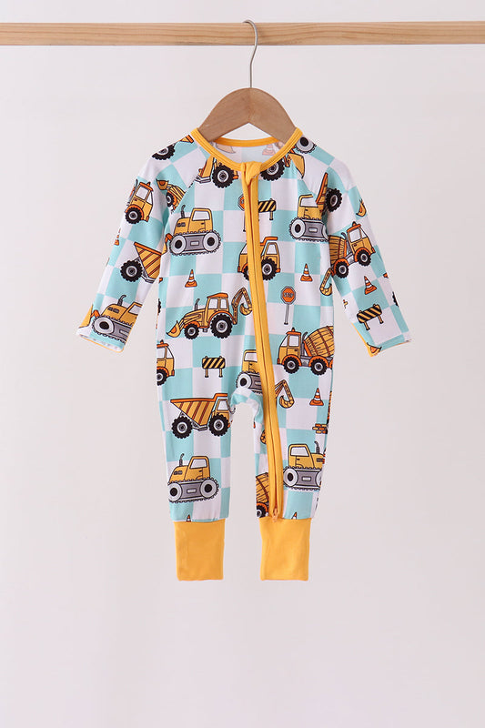 Yellow construction trucks bamboo romper