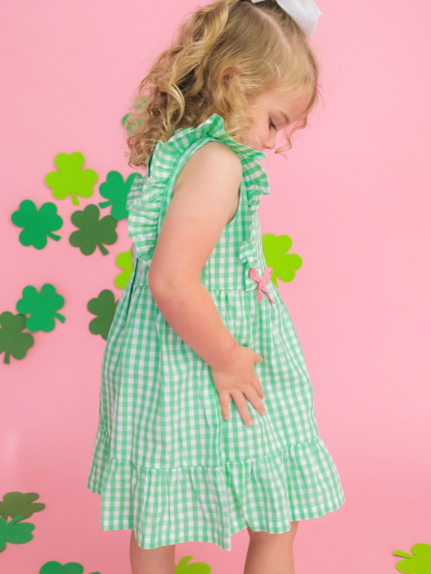 Girls Classic Spring Bud Gingham Pinafore Bow Dress