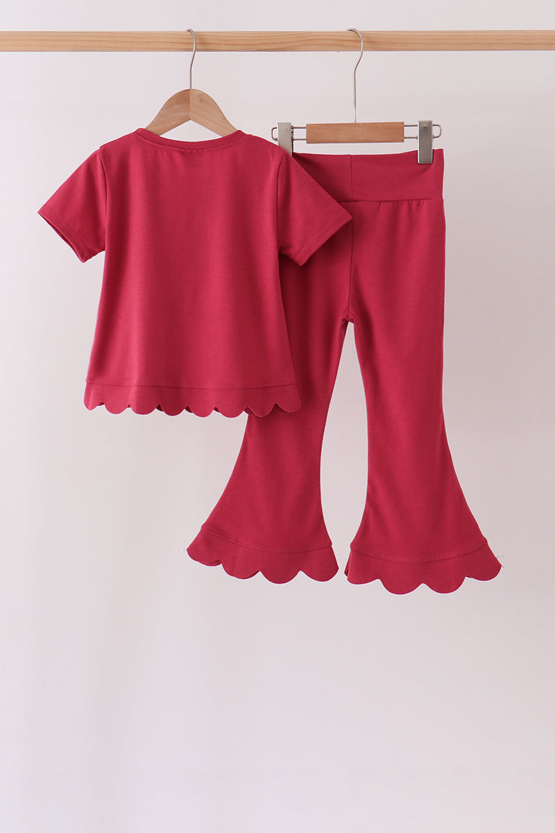Maroon sclloped active pants set