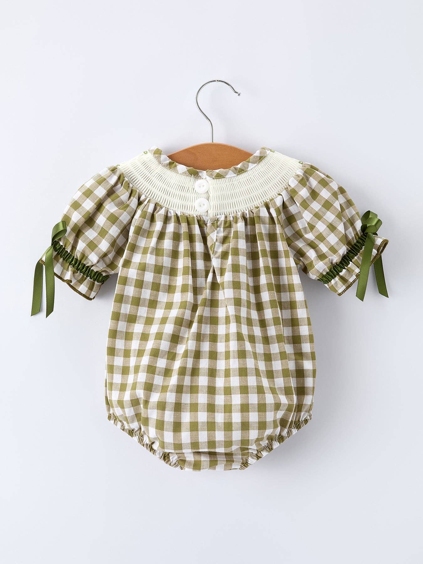 Green Plaid Fish Embroidered Baby Girls Smocked Romper
