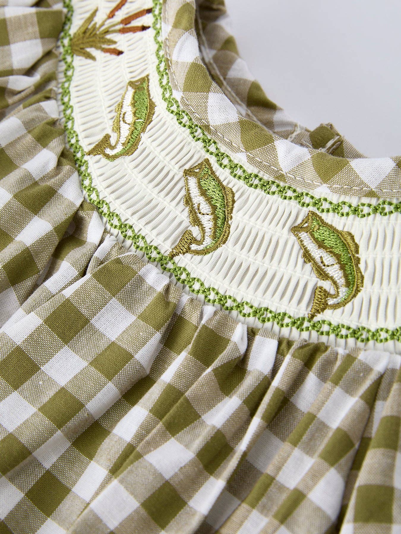 Green Plaid Fish Embroidered Baby Girls Smocked Romper