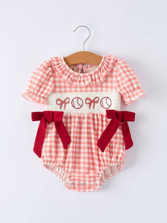 Girls Baseball Bow Smocking Embroidery Plaid Romper
