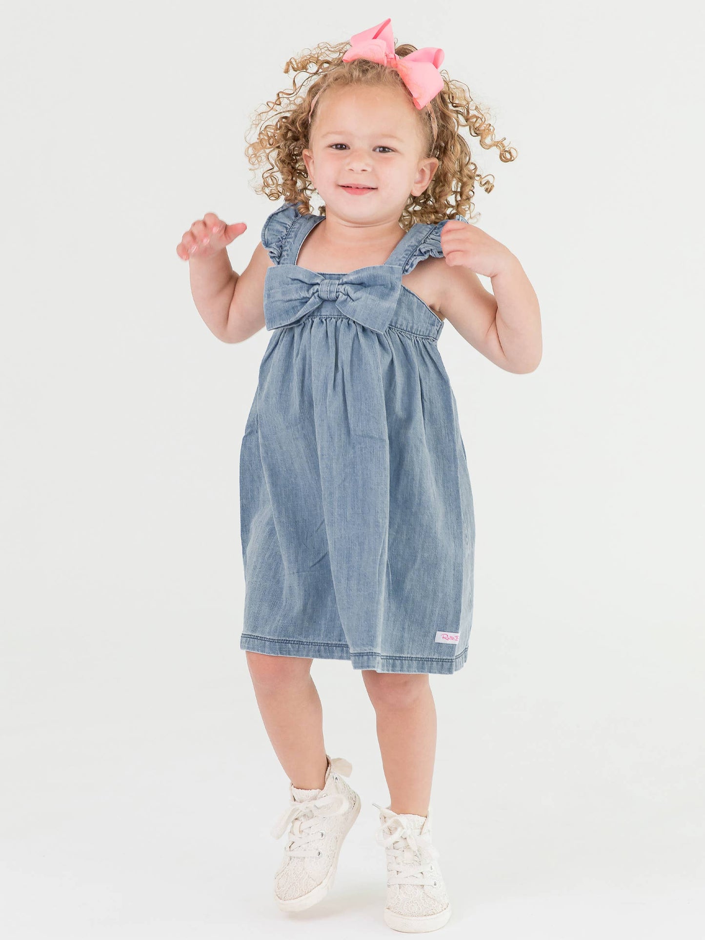 Girls Light Wash Denim Flutter Bow Woven Dress