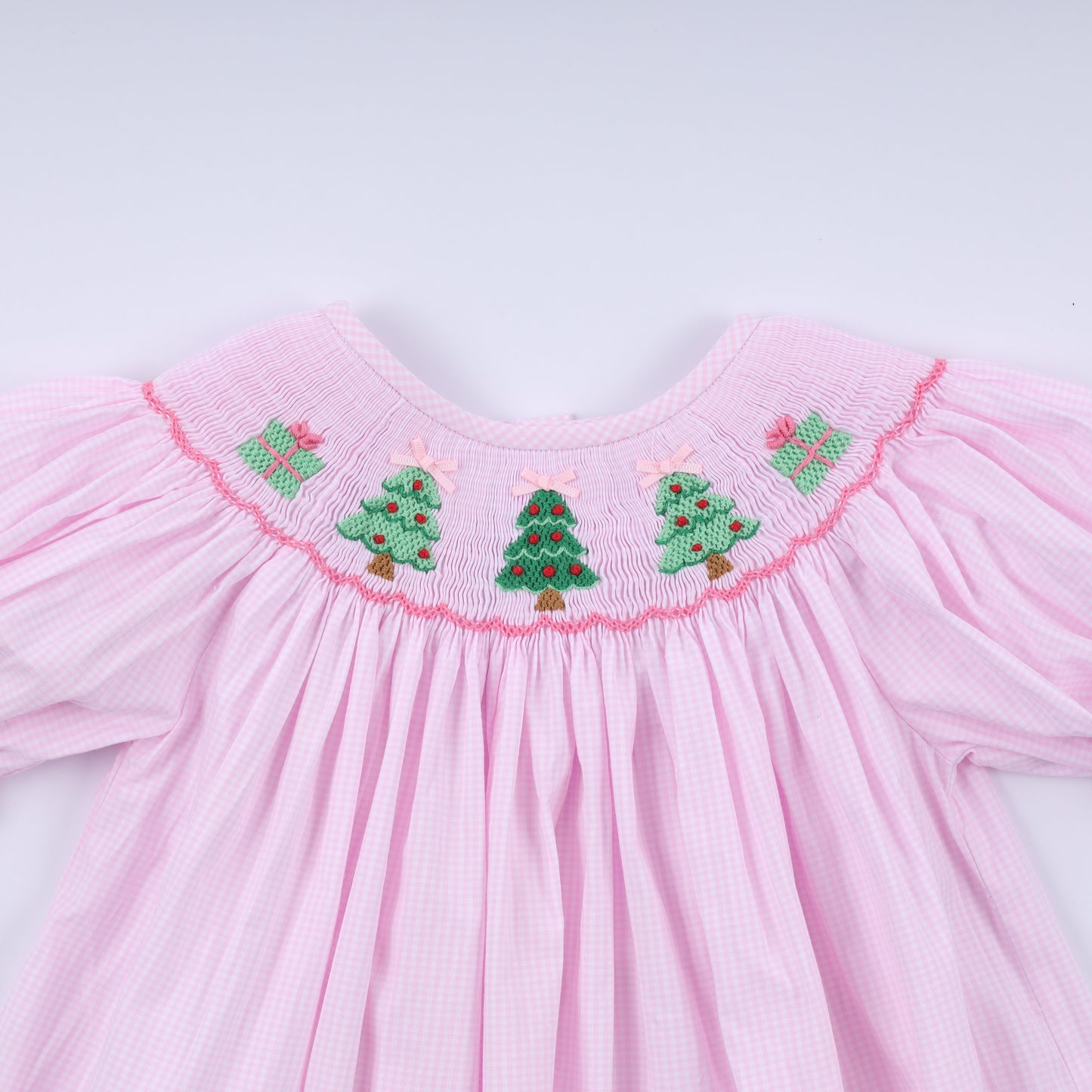 Pink christmas tree hand smocked dress