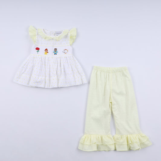 Mustard character hand smocked ruffle pants set