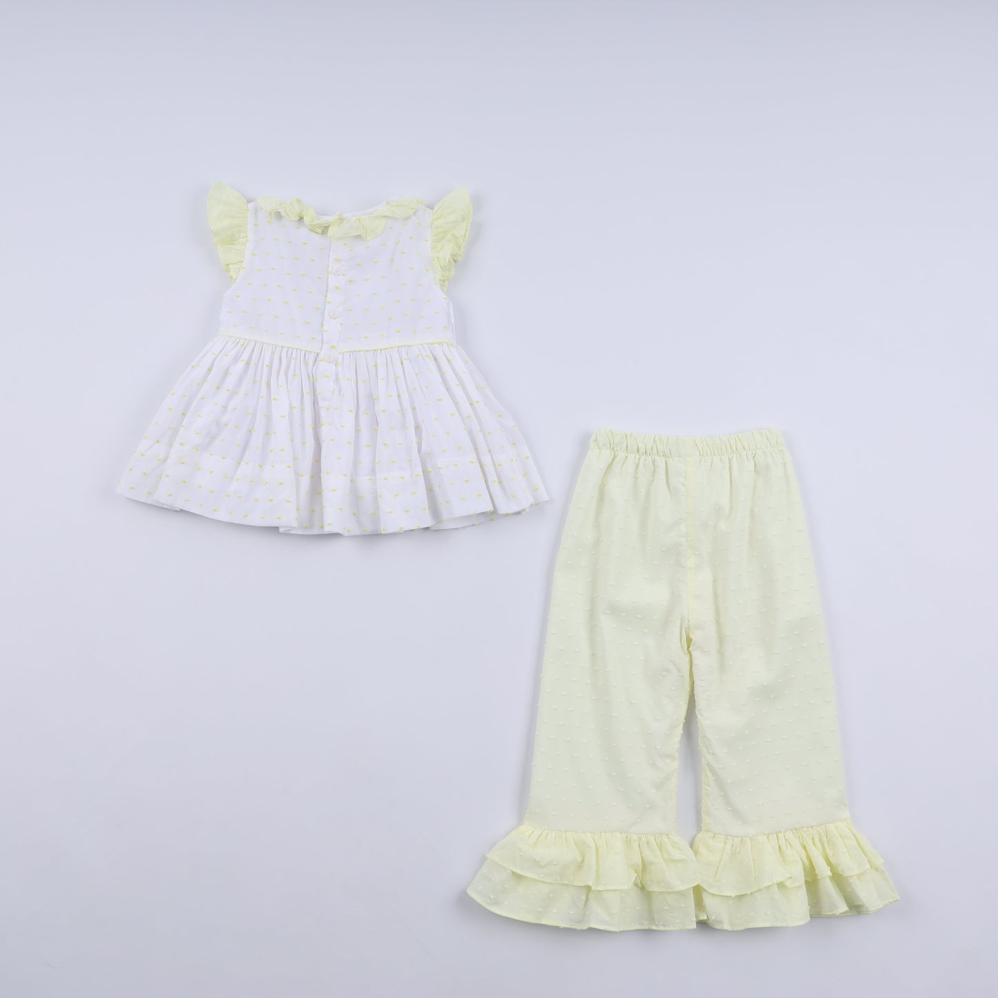 Mustard character hand smocked ruffle pants set