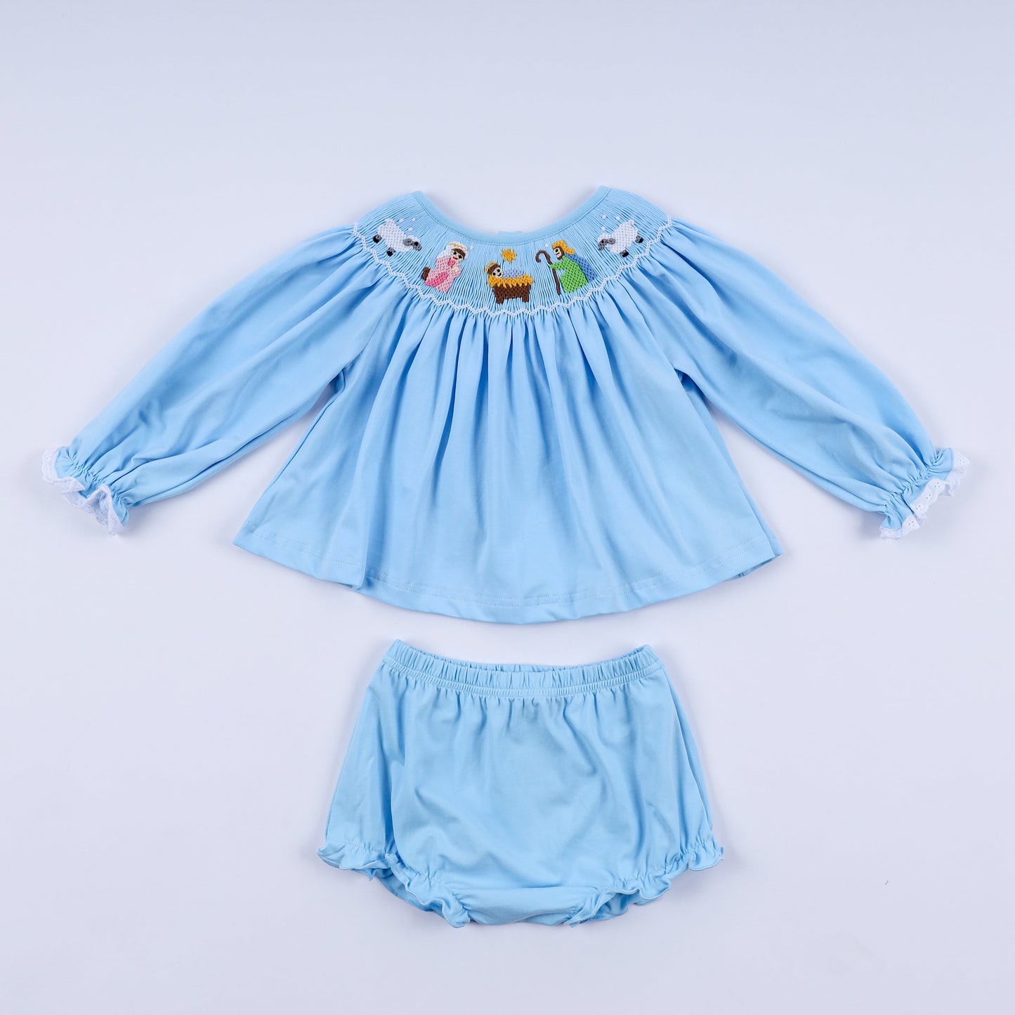 Blue nativity hand smocked bloomer set