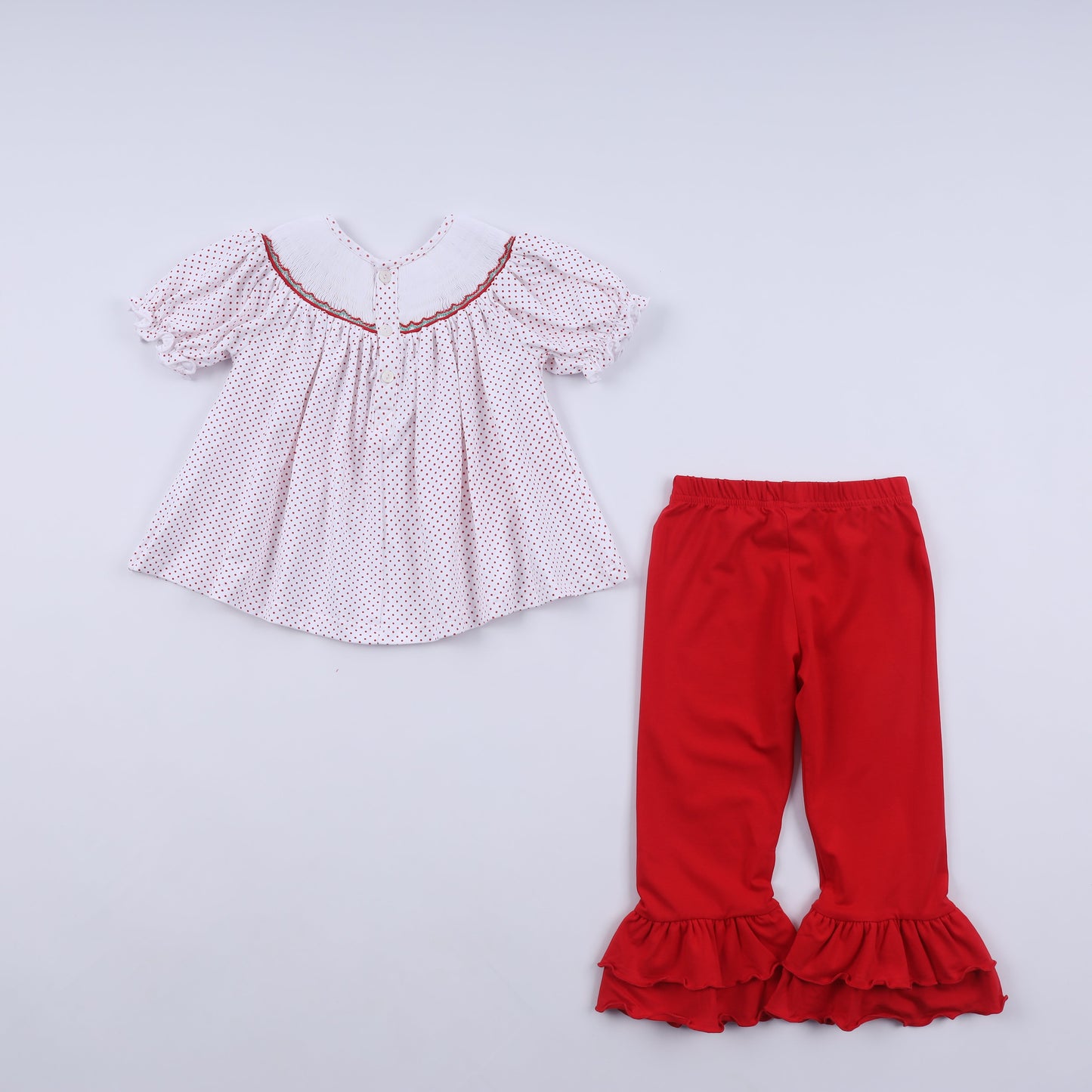 Red gingerbread hand smocked ruffle pants set