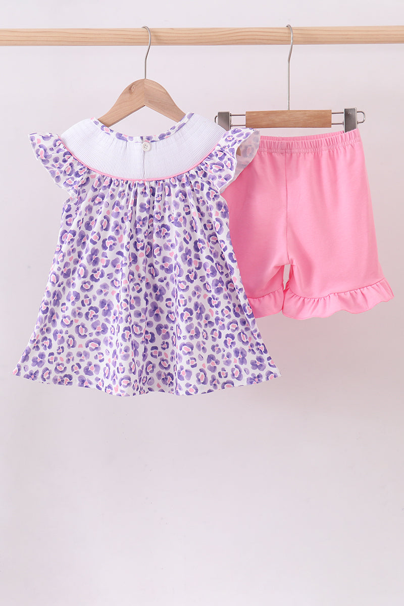 Purple leopard butterfly smocked shorts set