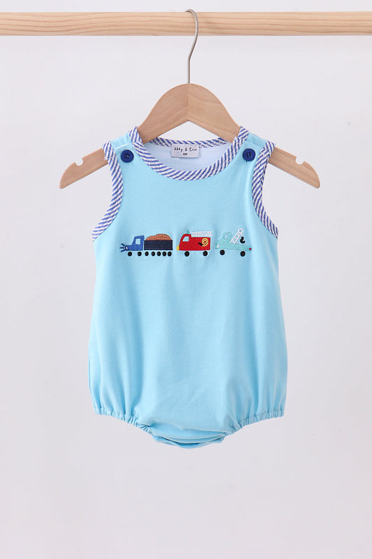 Blue truck embroidery seersucker bubble