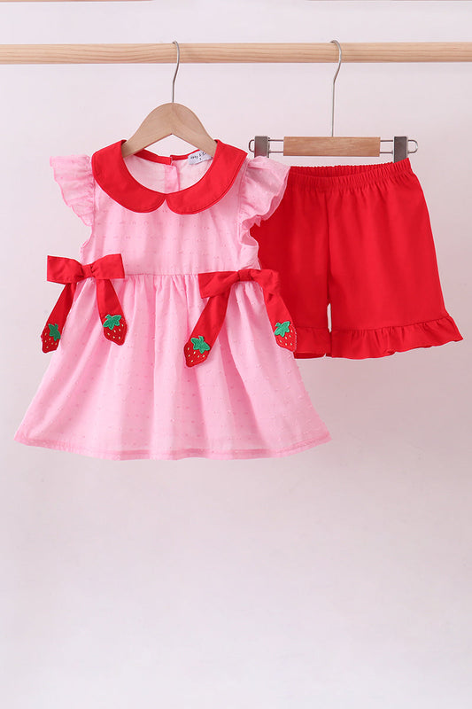 Pink strawberry swiss dot shorts set