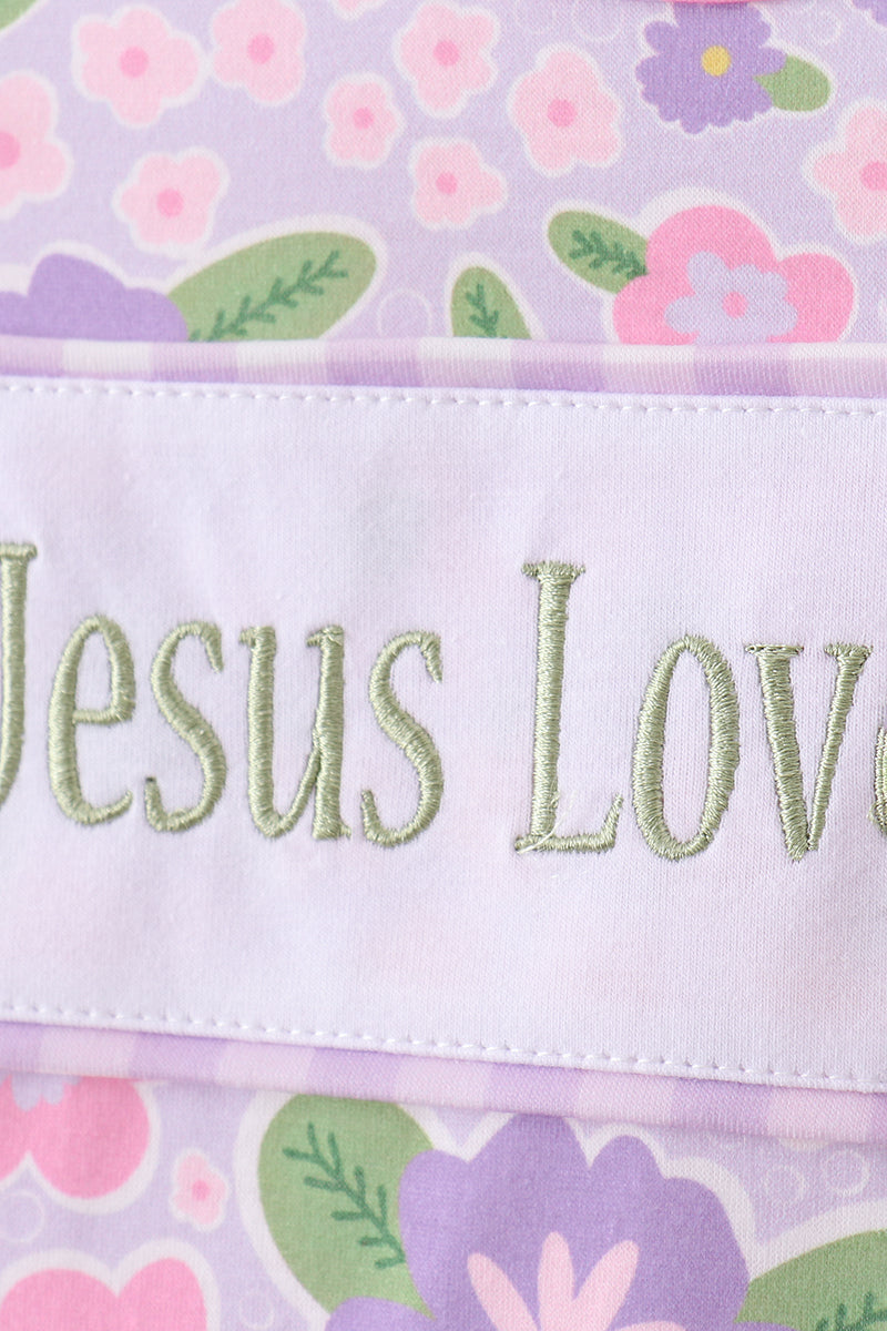 Purple floral Jesus loves me embroidery shorts set
