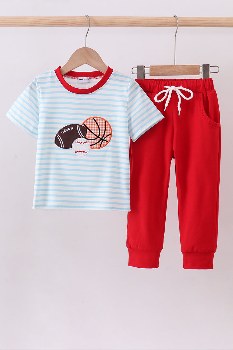 Blue stripe sports Trio applique pants set
