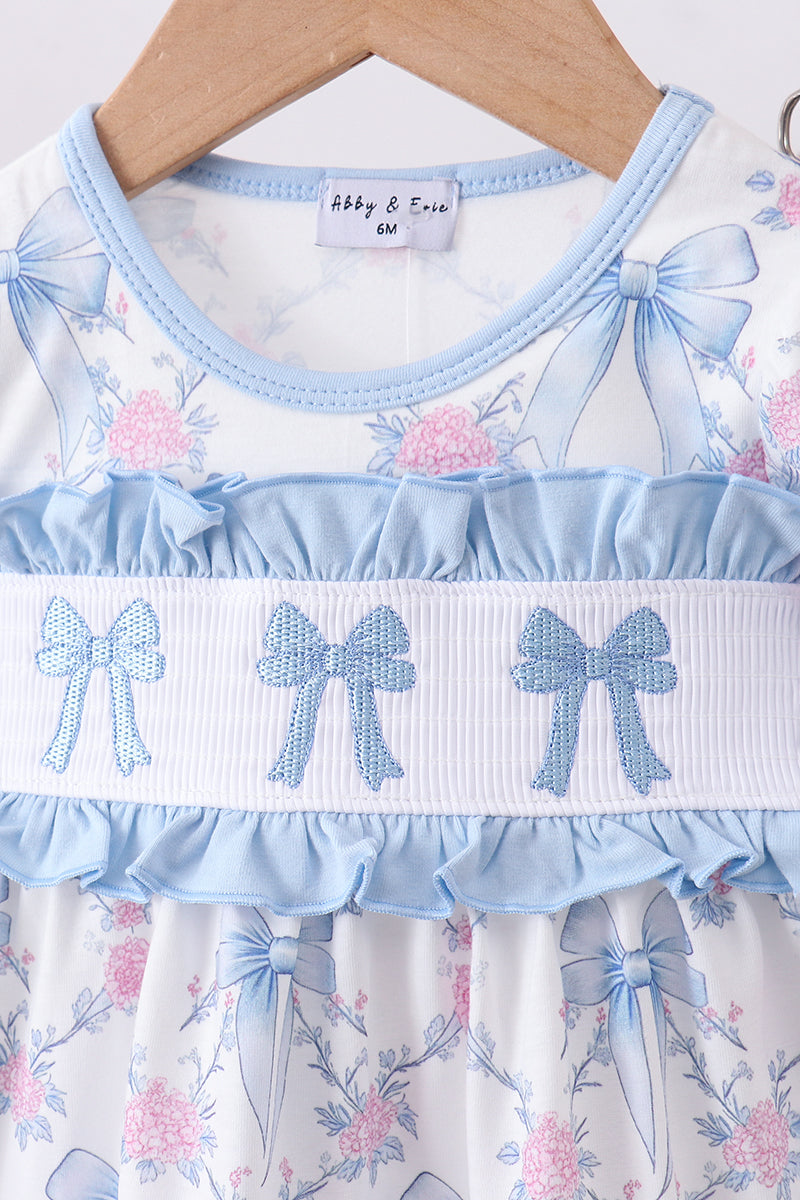 Blue bow floral smocked ruffle bloomer set