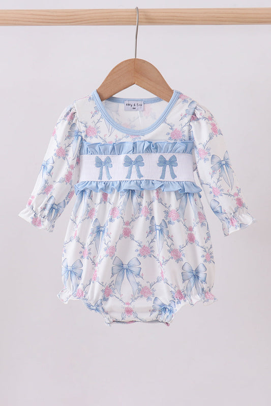 Blue bow floral smocked bubbe