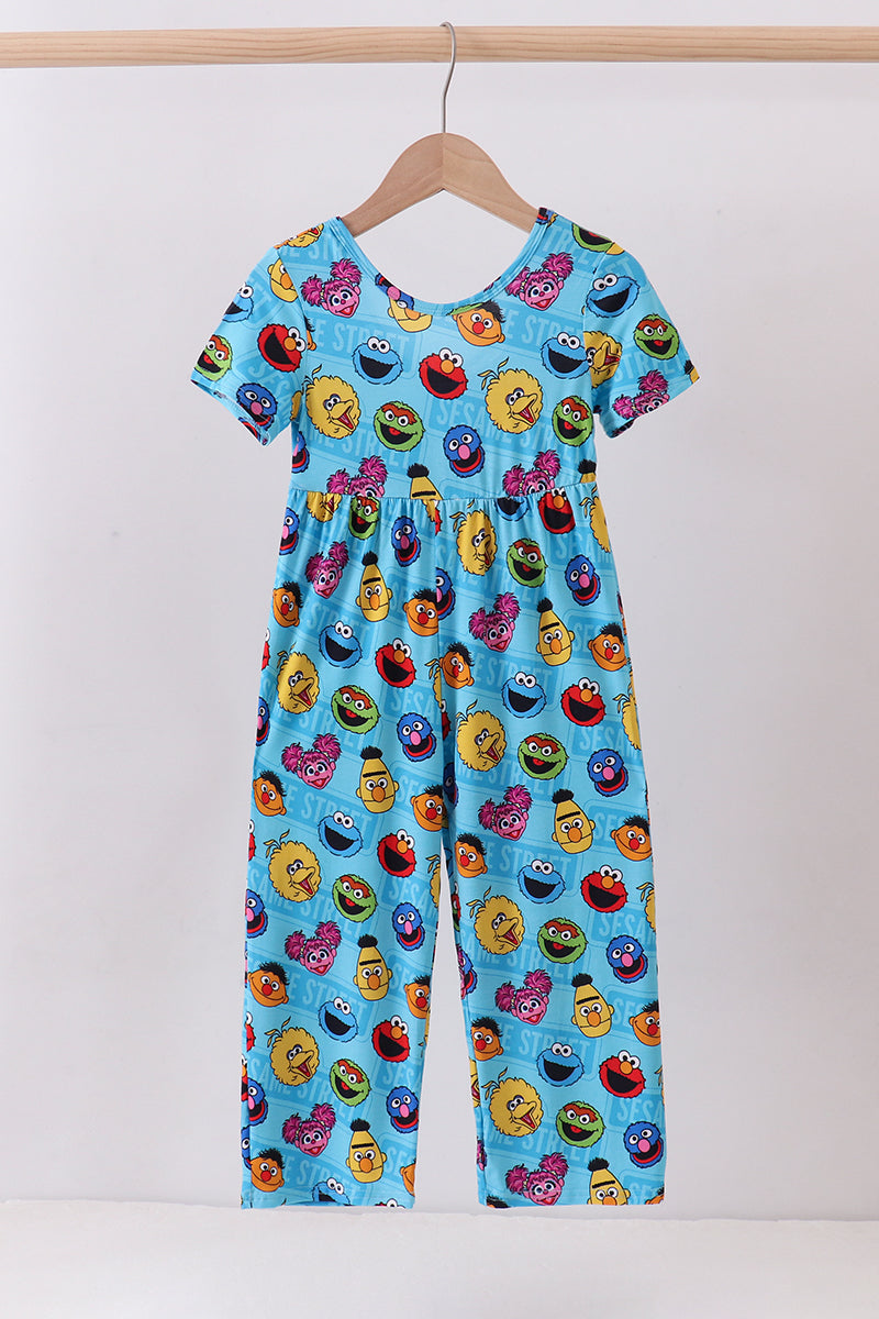 Blue character print bamboo jumpsuit