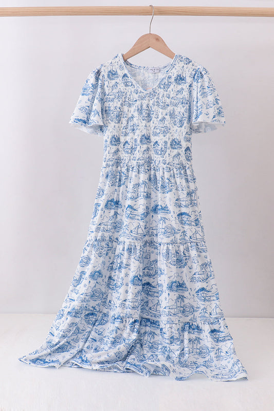 Blue beach sea smocked women dress
