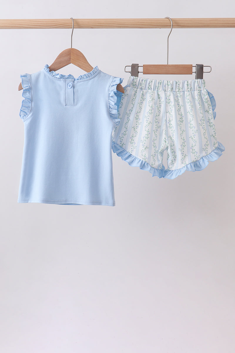Blue character applique ruffle shorts set