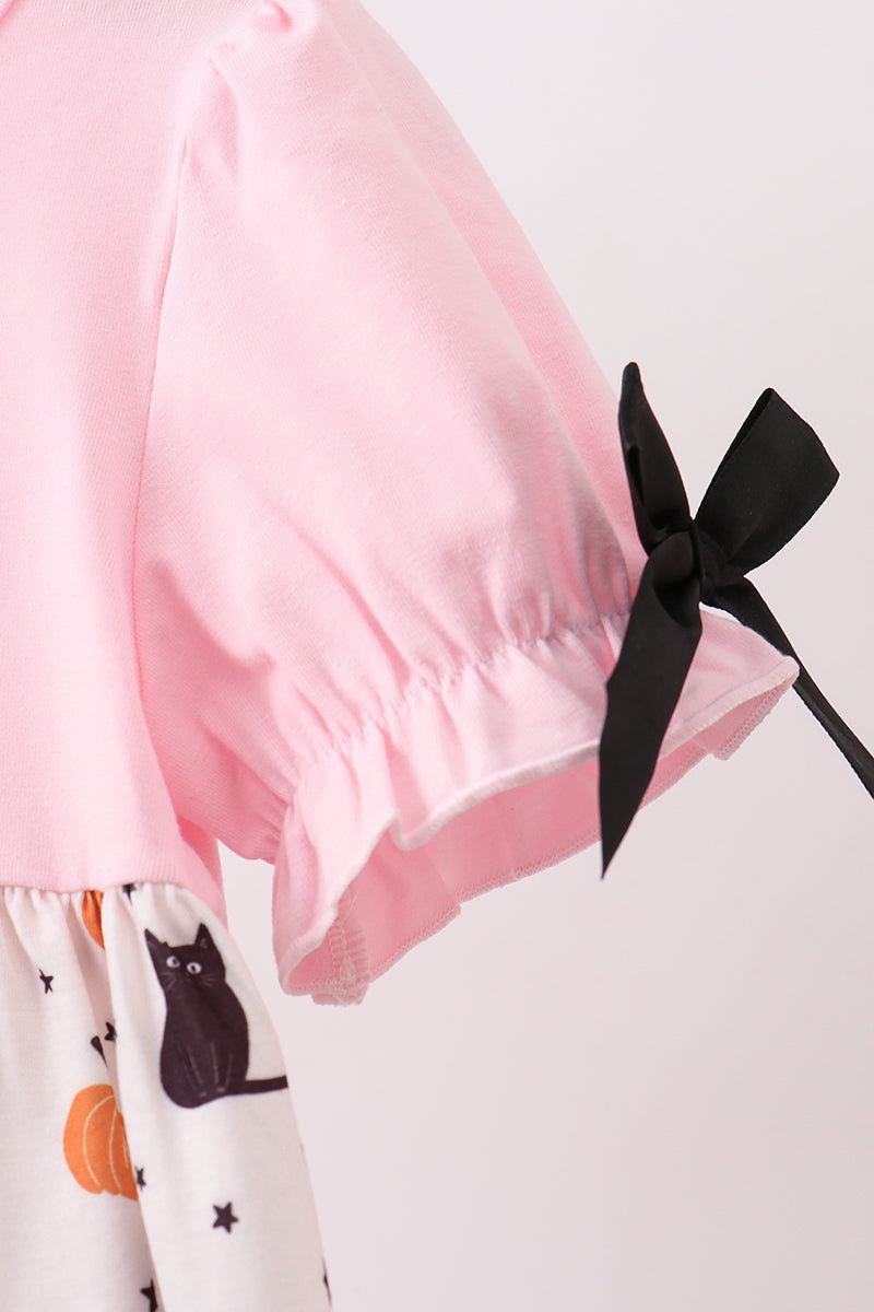 Pink Pumpkin Cat Embroidery Dress