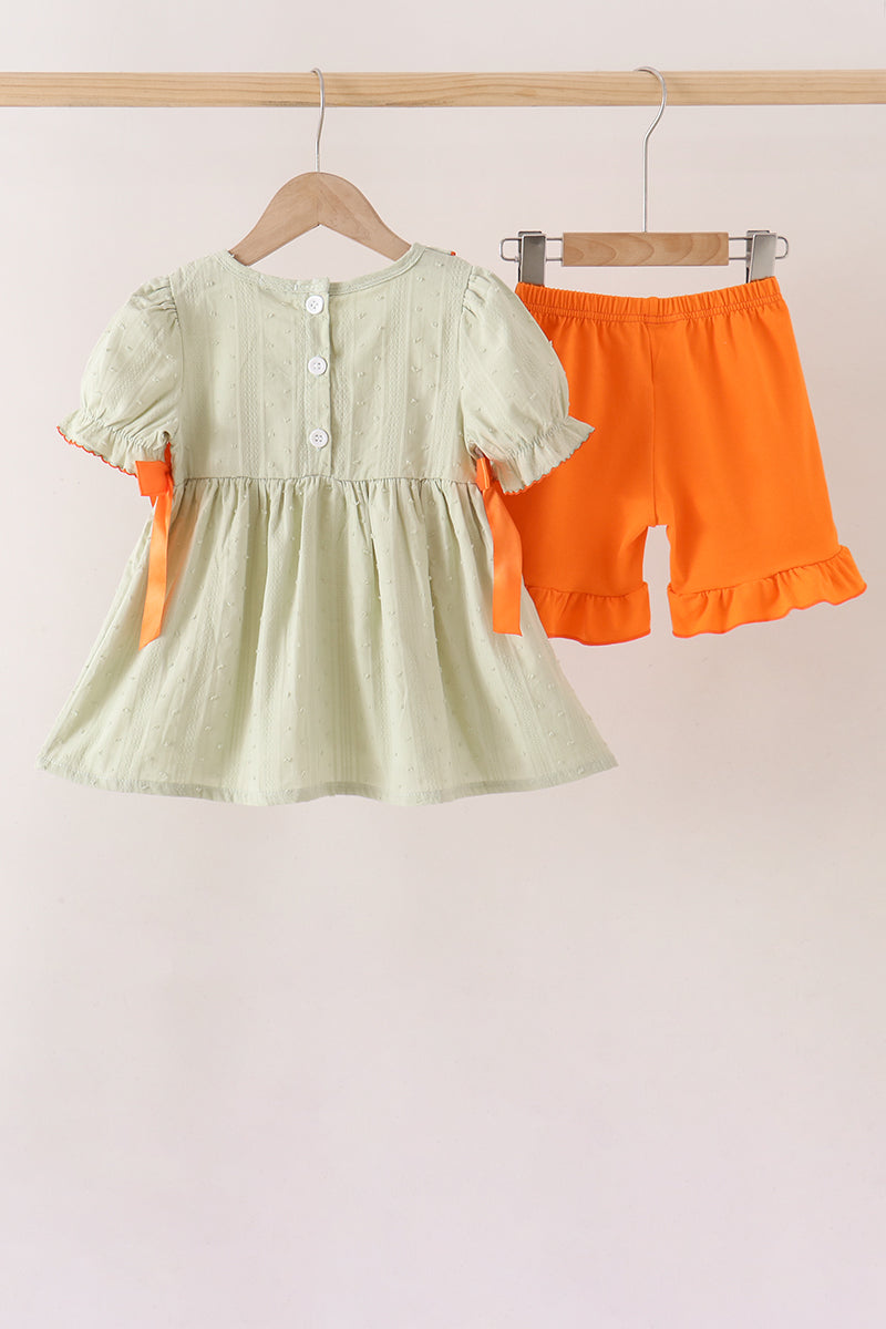 Green Pumpkin Smocked Ruffle Shorts Set