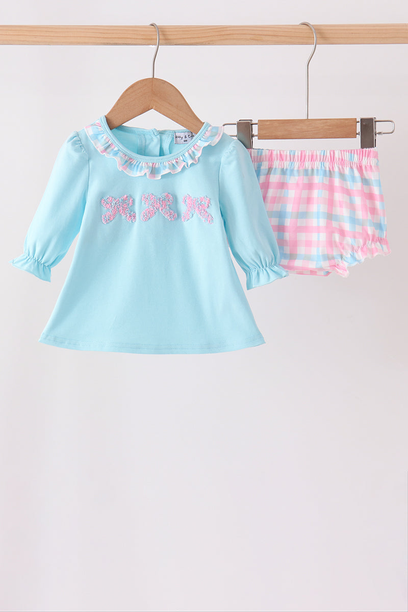 Blue bow french knot ruffle plaid bloomer set