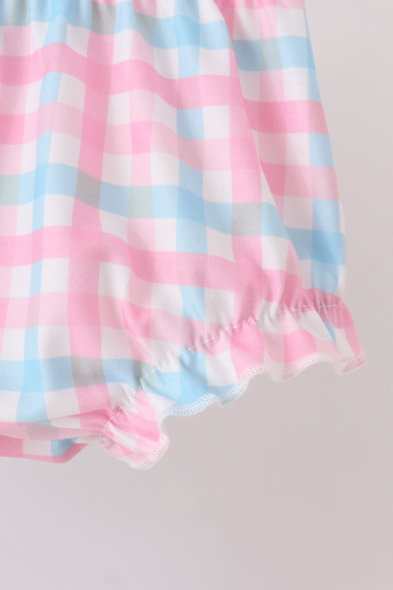 Blue bow french knot ruffle plaid bloomer set