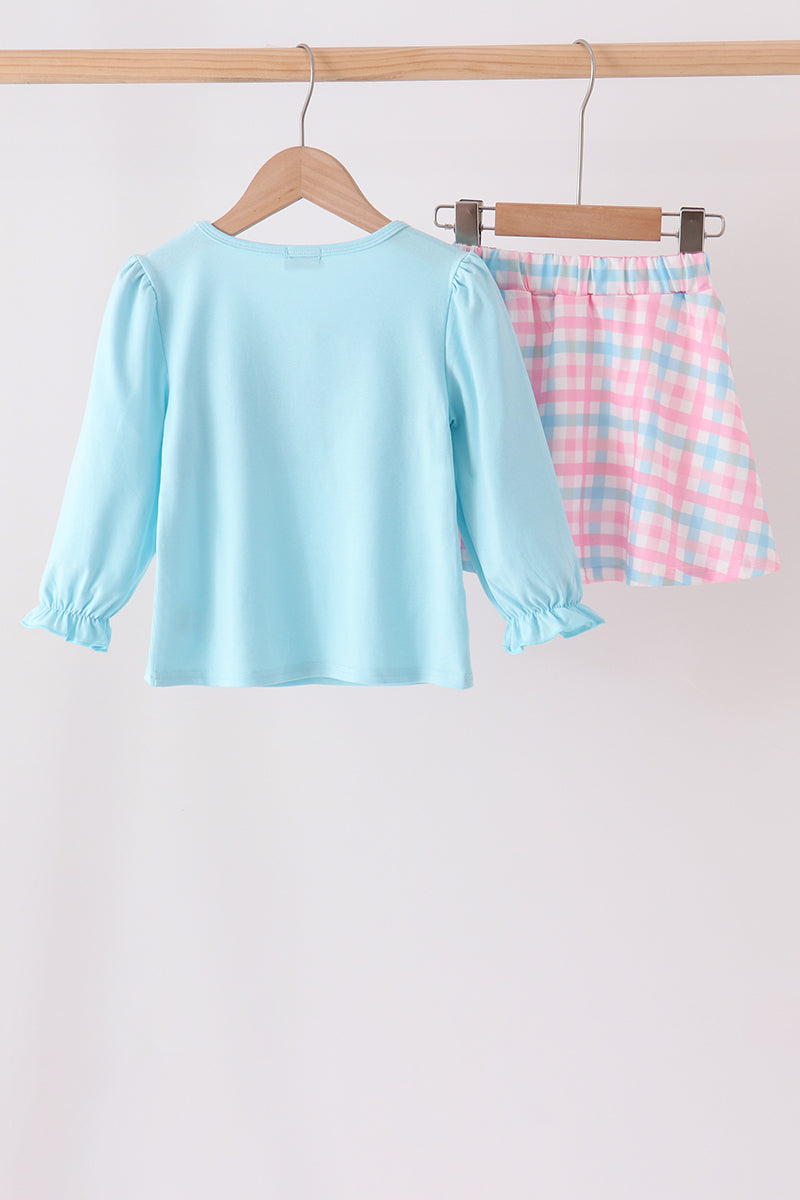 Blue bow french knot plaid skorts set