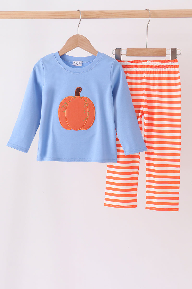 Blue pumpkin applique stripe pants set