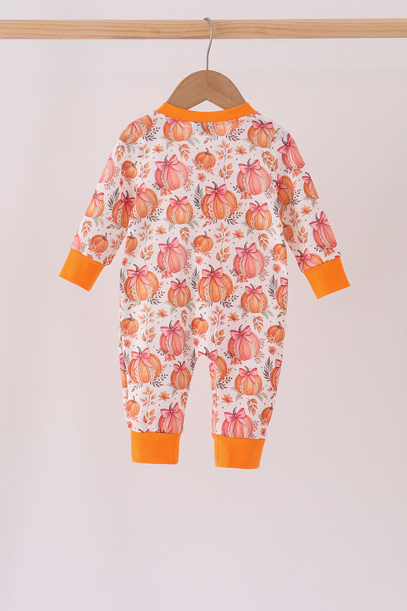 Orange Pumpkin Print Ruffle Romper
