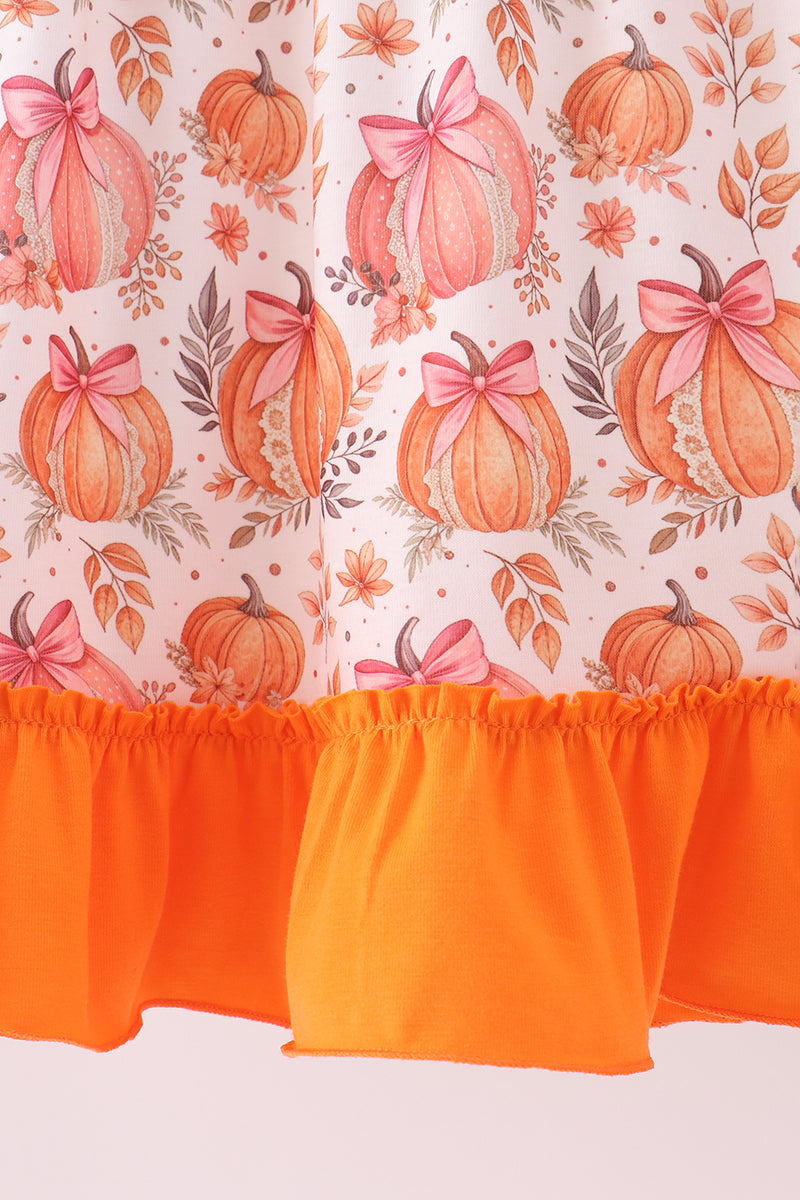 Orange Pumpkin Print Ruffle Dress