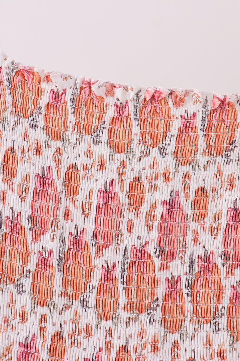 Orange Pumpkin Print Smocked Mom Dress
