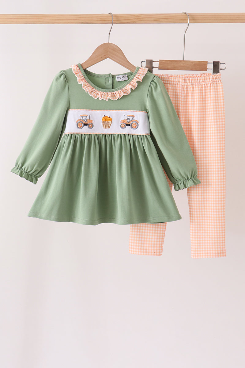 Green farm embroidery ruffle pants set