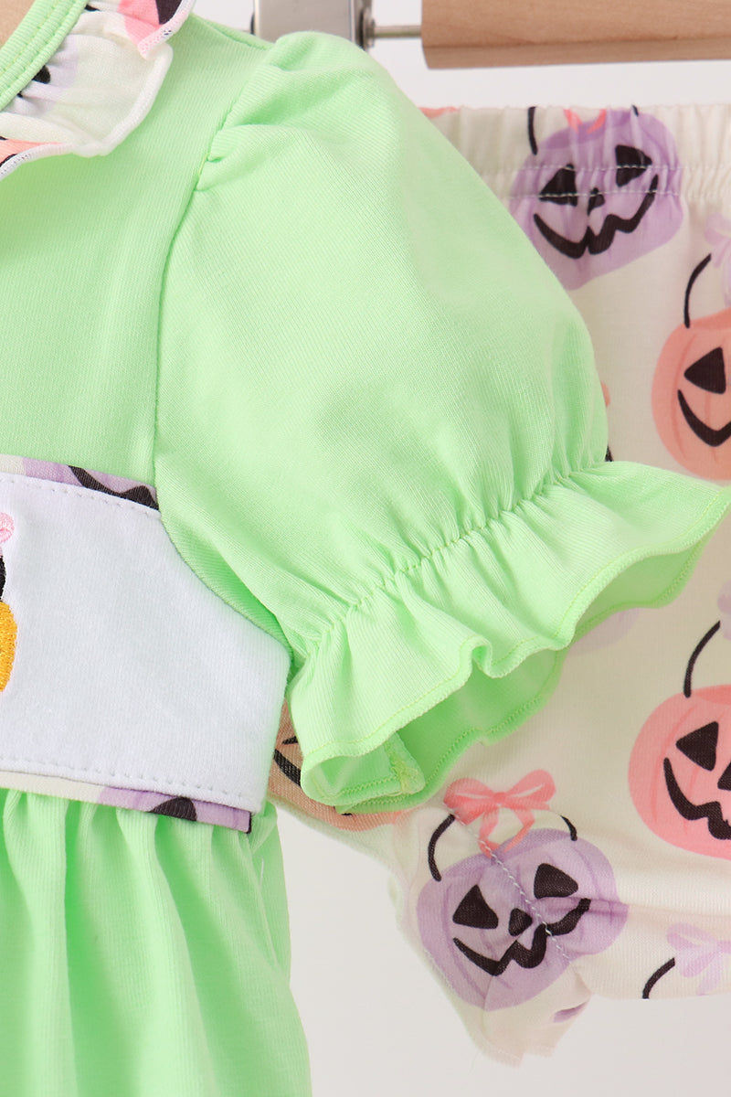 Green Jack-O-Lantern embroidery ruffle bloomer set