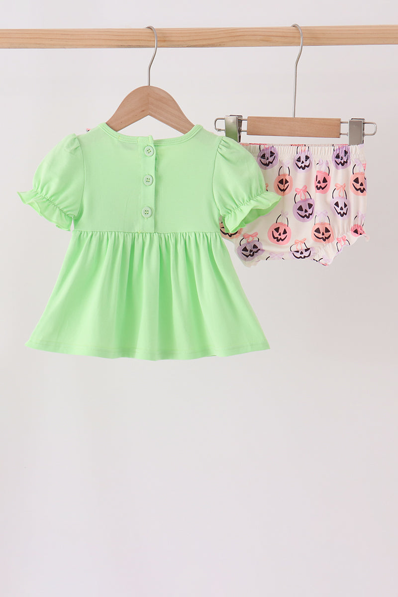 Green Jack-O-Lantern embroidery ruffle bloomer set