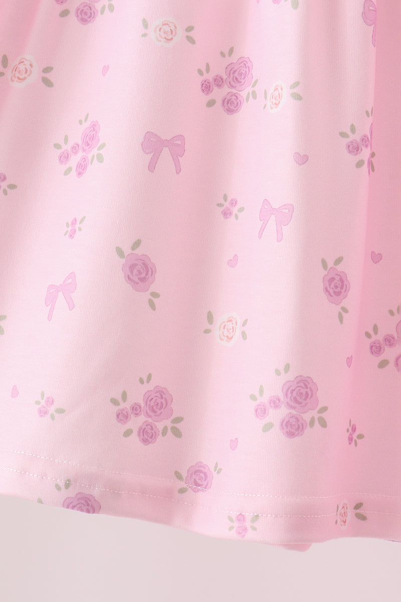 Pink floral bow ruffle pants set